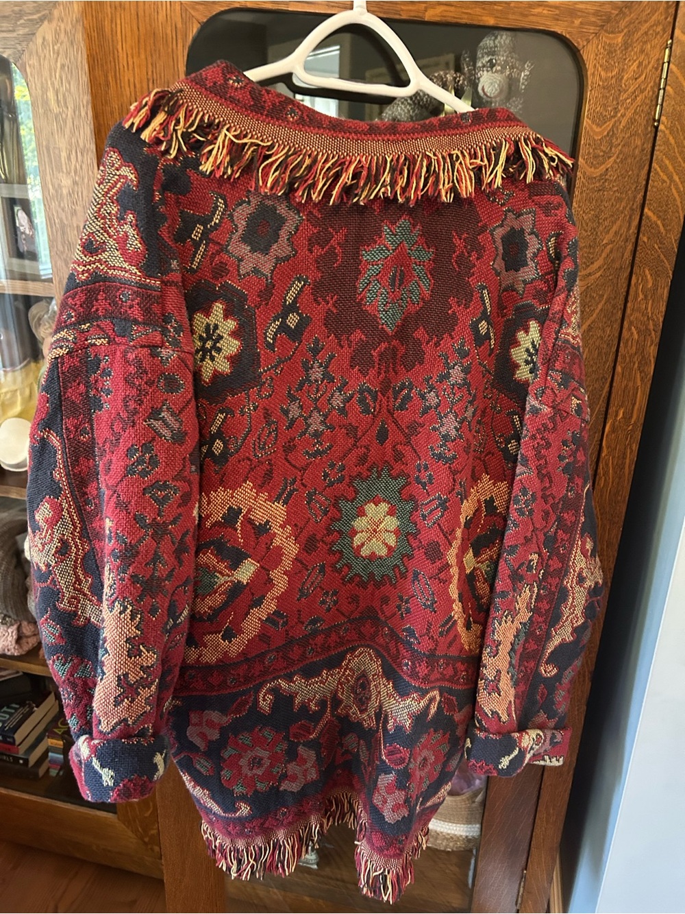 One of a Kind Handmade Women's Red & Navy Tapestry Fringed Cardigan Jacket - Picture 7 of 16